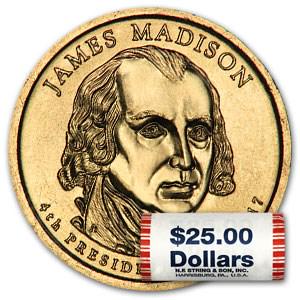 2007-D James Madison 25-Coin Presidential Dollar Roll: 2007-D James Madison 25-Coin Presidential Dollar Roll Product ID: 29959 Year: 2007 Grade: Brilliant Unc Grade Service: None Denomination: $1.00 Mint Mark: D - Denver Metal Content: 0 troy
