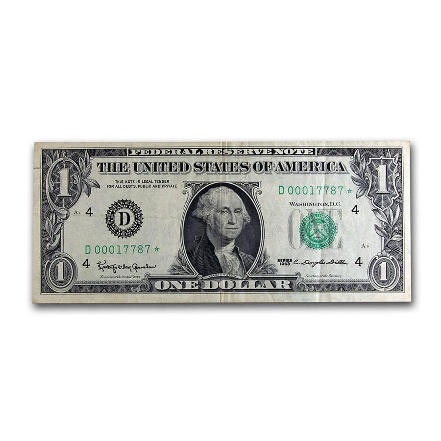 1963* $1 FRN's Avg Circ (Districts of our Choice) Star Note: 1963* $1 FRN's Avg Circ (Districts of our Choice) Star Note Product ID: 215116 Year: 1963 Grade: Average Circulated Grade Service: None Denomination: $1.00 Dollar Mint Mark: Varies Metal