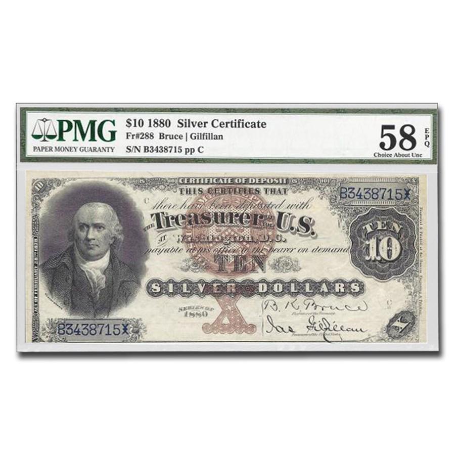 1880 $10 Silver Certificate Robert Morris AU-58 EPQ PMG (Fr#288): 1880 $10 Silver Certificate Robert Morris AU-58 EPQ PMG (Fr#288) Product ID: 213109 Year: 1880 Grade: Almost Unc - 58 Grade Service: PMG Denomination: $10.00 Mint Mark: N/A - Not Available