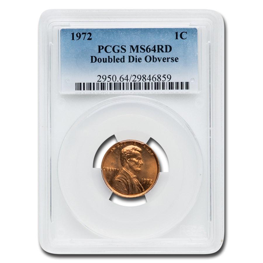 1972 Lincoln Cent Double Die Obverse MS-64 PCGS (Red): 1972 Lincoln Cent Double Die Obverse MS-64 PCGS (Red) Product ID: 23132 Year: 1972 Grade Service: PCGS Denomination: $0.01 Metal Content: 0 troy oz Purity: N/A Thickness: 1.52 mm