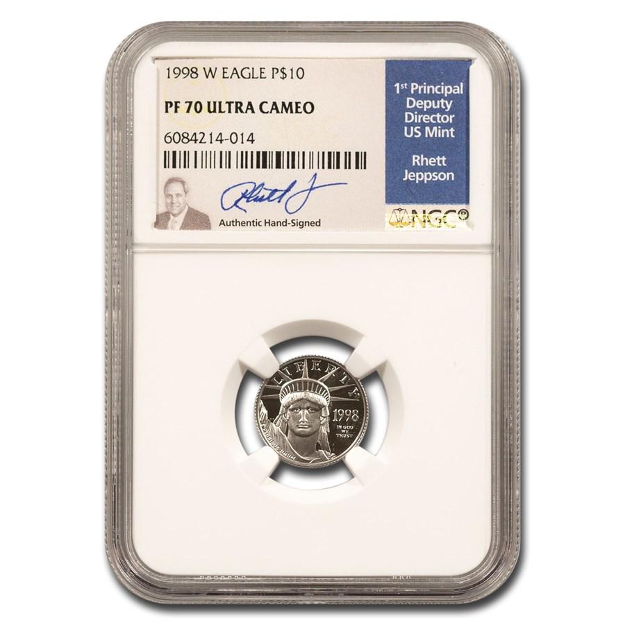 1998-W 1/10 oz American Platinum Eagle PF-70 UCAM NGC (Jeppson): 1998-W 1/10 oz American Platinum Eagle PF-70 UCAM NGC (Jeppson) Product ID: 254604 Year: 1998 Grade Service: NGC Denomination: 10 Dollars Metal Content: 0.1 troy oz Purity: .9995 Thicknes