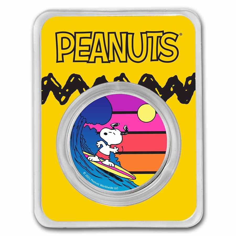 Peanuts Sunset Surfing Snoopy 1 oz Colorized Silver: Peanuts Sunset Surfing Snoopy 1 oz Colorized Silver Product ID: 233216 Grade: None Grade Service: None Mint Mark: N/A - Not Available Metal Content: 1 troy oz Purity: .999 Thickness: 2.98