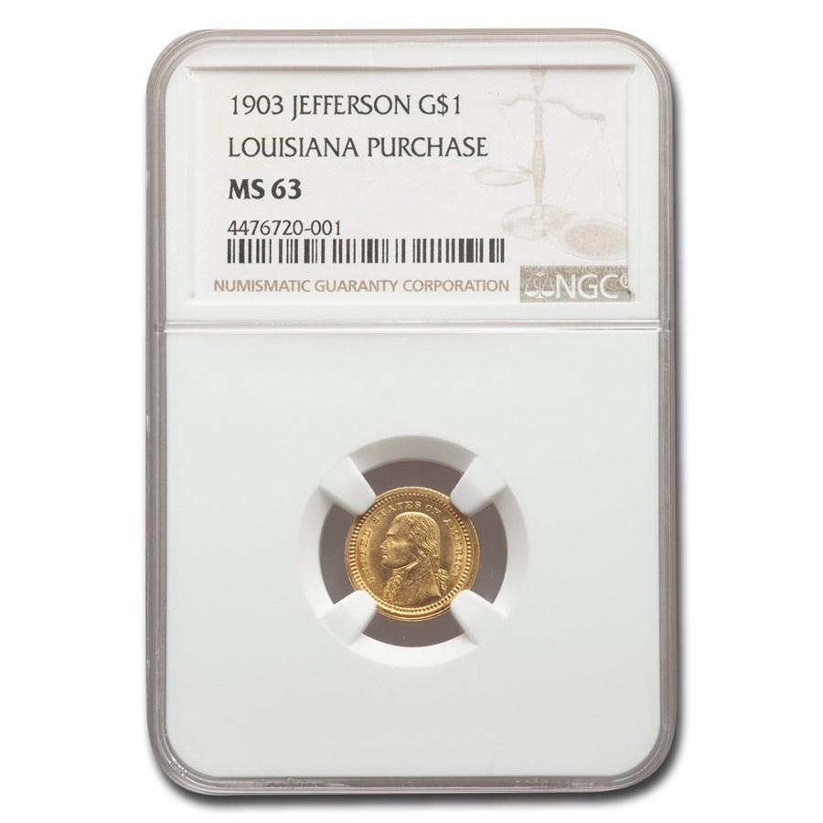 1903 Gold $1.00 Louisiana Purchase Jefferson MS-63 NGC: 1903 Gold $1.00 Louisiana Purchase Jefferson MS-63 NGC Product ID: 92968 Year: 1903 Grade Service: NGC Denomination: $1.00 Metal Content: 0.0483 troy oz Purity: .900 Thickness: 0.76 mm