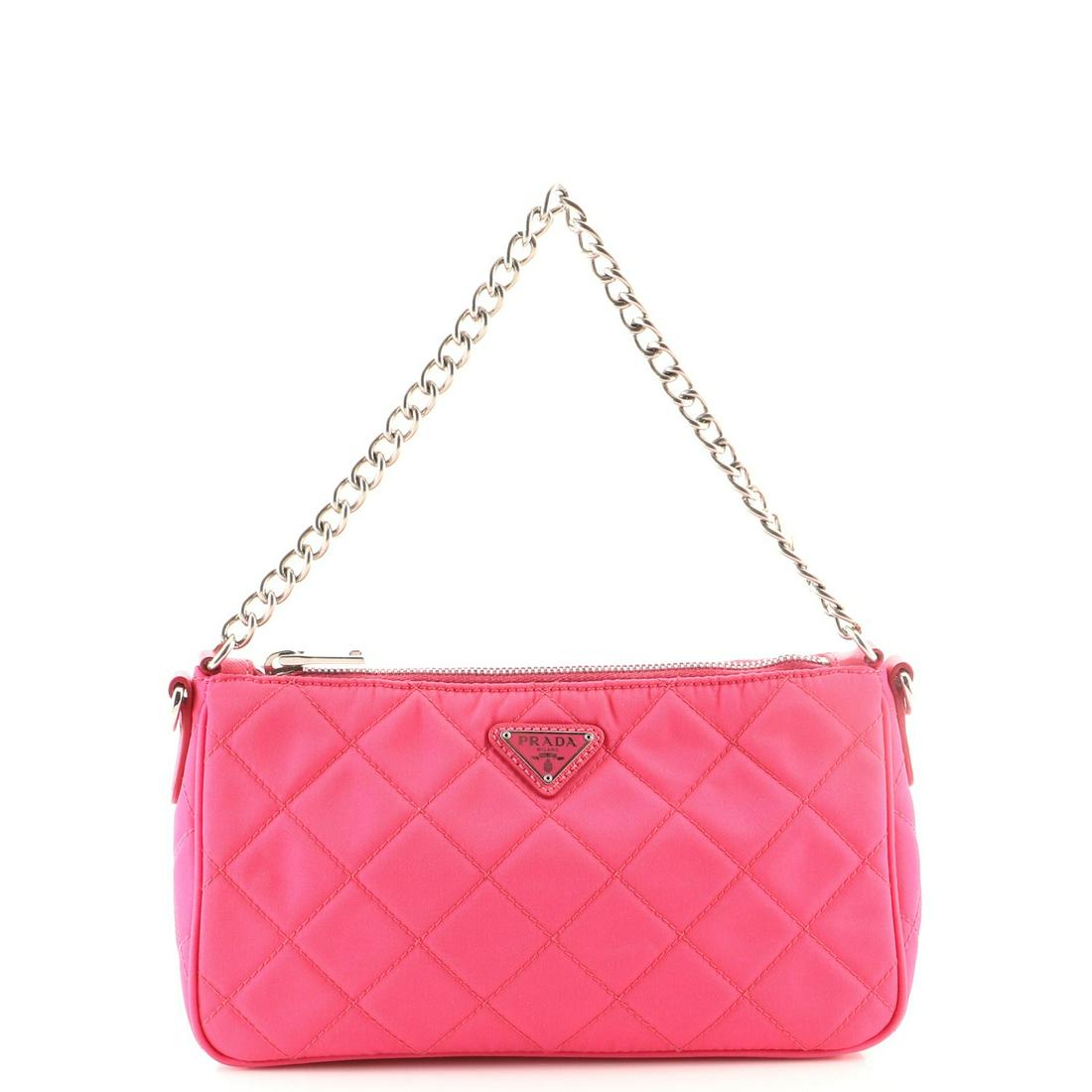 Prada Chain Zip Shoulder Bag Quilted Tessuto Small: Prada Chain Zip Shoulder Bag Quilted Tessuto Small Exterior Color: Pink Interior Color: Pink Exterior Material: Nylon Interior Material: Fabric Hardware Color: Silver Accessories: Dust bag, Detach