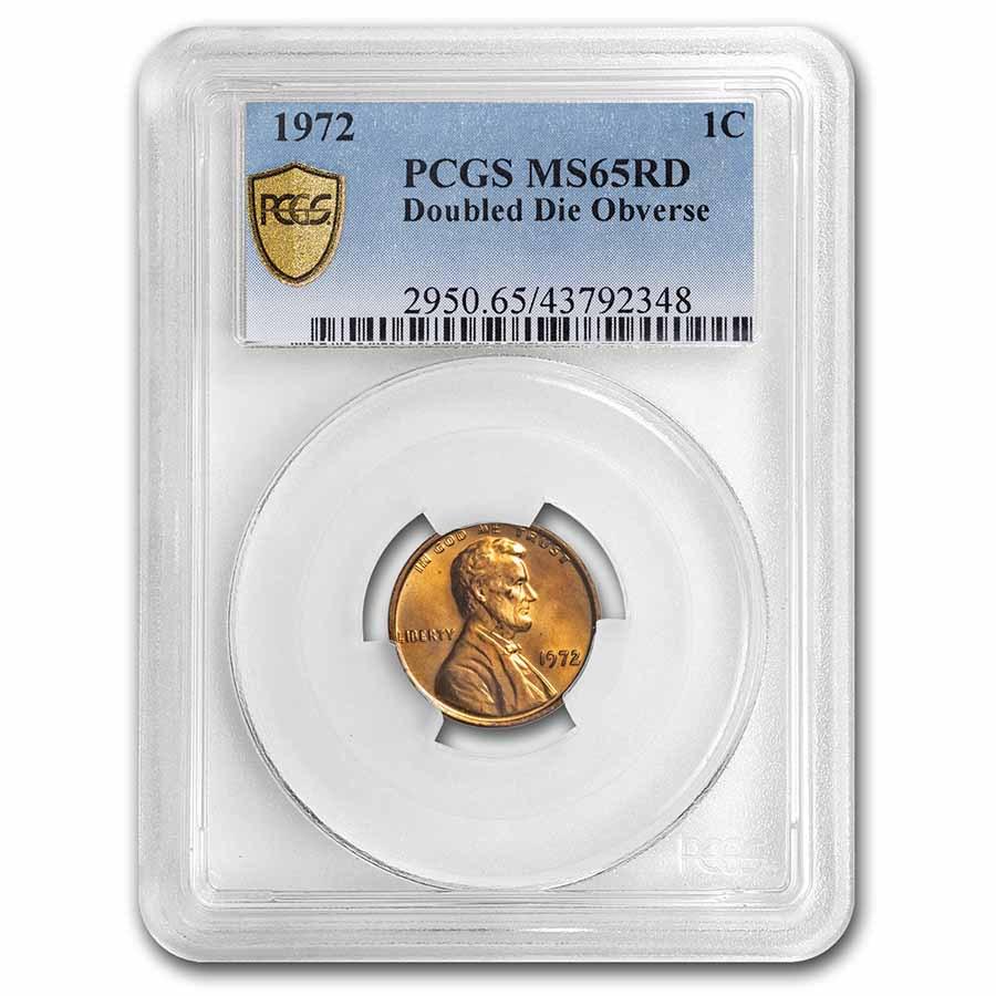 1972 Lincoln Cent Double Die Obverse MS-65 PCGS (Red): 1972 Lincoln Cent Double Die Obverse MS-65 PCGS (Red) RBJ No: 34774 Year: 1972 Grade Service: PCGS Denomination: $0.01 Metal Content: 0 troy oz Purity: N/A Thickness: 1.52 mm Dia