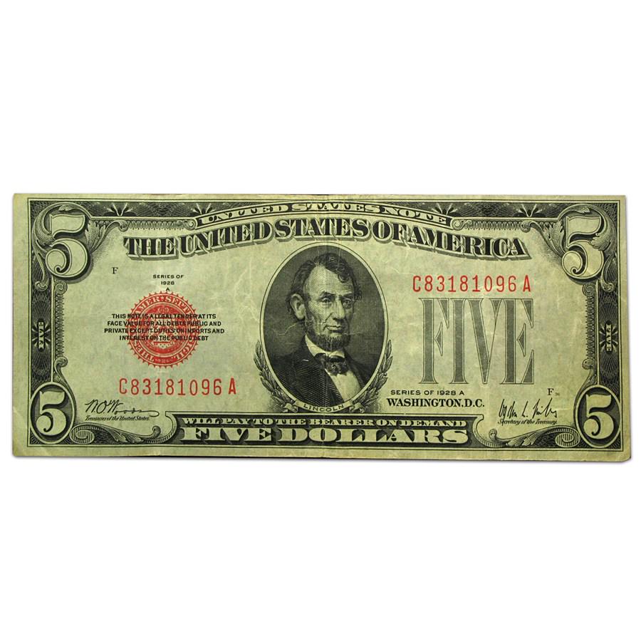 1928-A $5.00 U.S. Note Red Seal VF (Fr#1526): 1928-A $5.00 U.S. Note Red Seal VF (Fr#1526) RBJ No: 17329 Year: 1928 Grade: Very Fine Grade Service: None Denomination: $5.00 Mint Mark: N/A - Not Available Metal Content: 0 troy oz