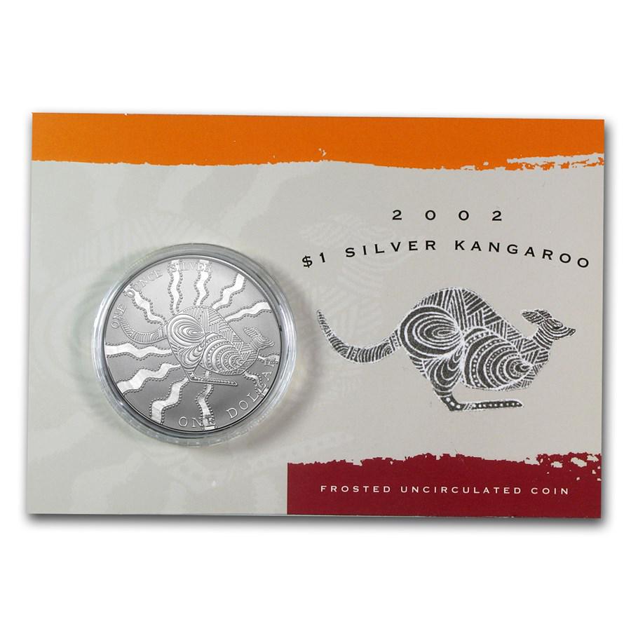 2002 Australia 1 oz Silver Kangaroo (In Display Card): 2002 Australia 1 oz Silver Kangaroo (In Display Card) RBJ No: 12073 Year: 2002 Grade: Brilliant Unc Grade Service: None Denomination: $1.00 Dollar Mint Mark: N/A - Not Available Metal Con