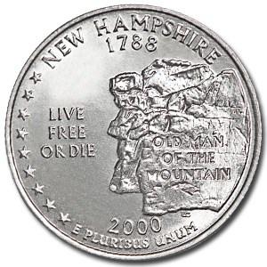 2000-D New Hampshire State Quarter BU: 2000-D New Hampshire State Quarter BU RBJ No: 5241 Year: 2000 Grade: Brilliant Unc Grade Service: None Denomination: 25 Cents Mint Mark: D - Denver Metal Content: 0 troy oz Purit