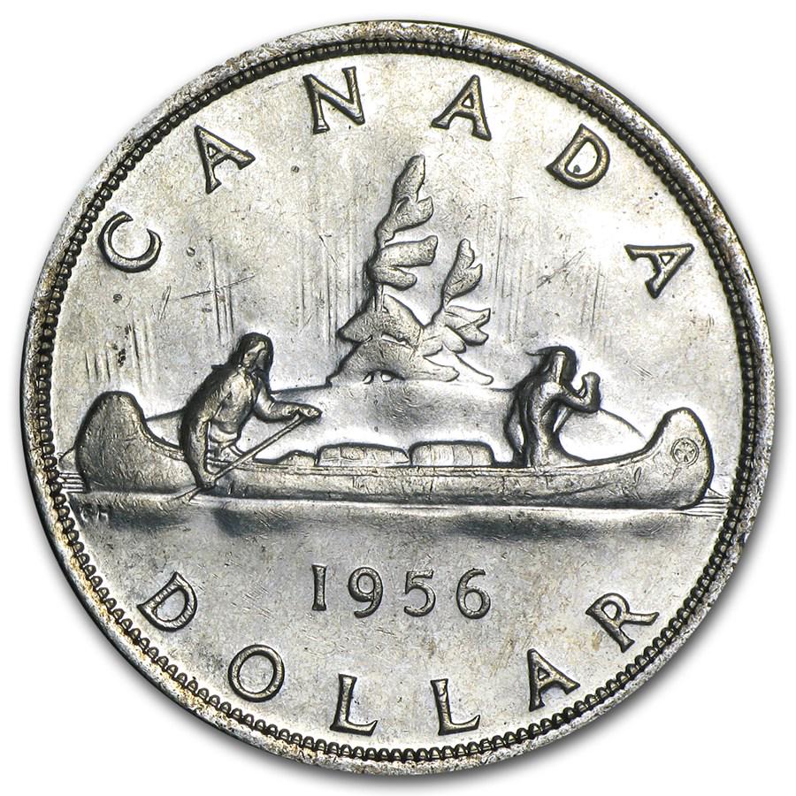 1956 Canada Silver Dollar Elizabeth II BU: 1956 Canada Silver Dollar Elizabeth II BU RBJ No: 79304 Year: 1956 Grade: Brilliant Unc Grade Service: None Denomination: $1.00 Dollar Mint Mark: RCM (Not Shown) Metal Content: 0.6 troy o