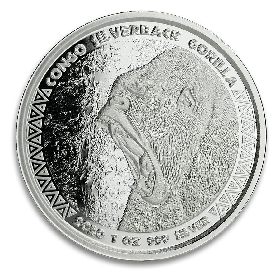 2020 Republic of Congo 1 oz Silver Silverback Gorilla (Prooflike): 2020 Republic of Congo 1 oz Silver Silverback Gorilla (Prooflike) RBJ No: 207656 Year: 2020 Grade: Brilliant Unc Grade Service: None Denomination: 5000 Francs Mint Mark: Not Shown Metal C