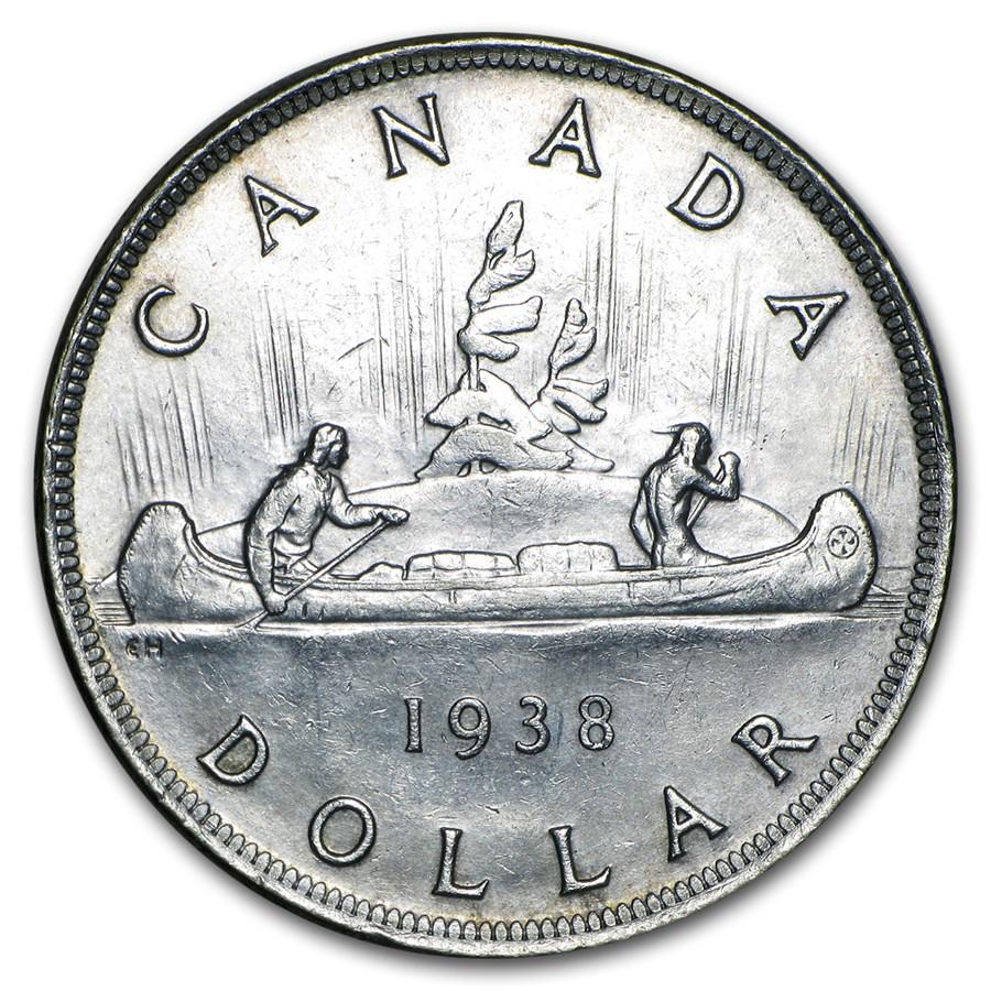 1938 Canada Silver Dollar George VI AU: 1938 Canada Silver Dollar George VI AU SKU: RBJ79312 Year: 1938 Grade: Almost Unc Grade Service: None Denomination: $1.00 Dollar Mint Mark: RCM (Not Shown) Metal Content: 0.6 troy oz