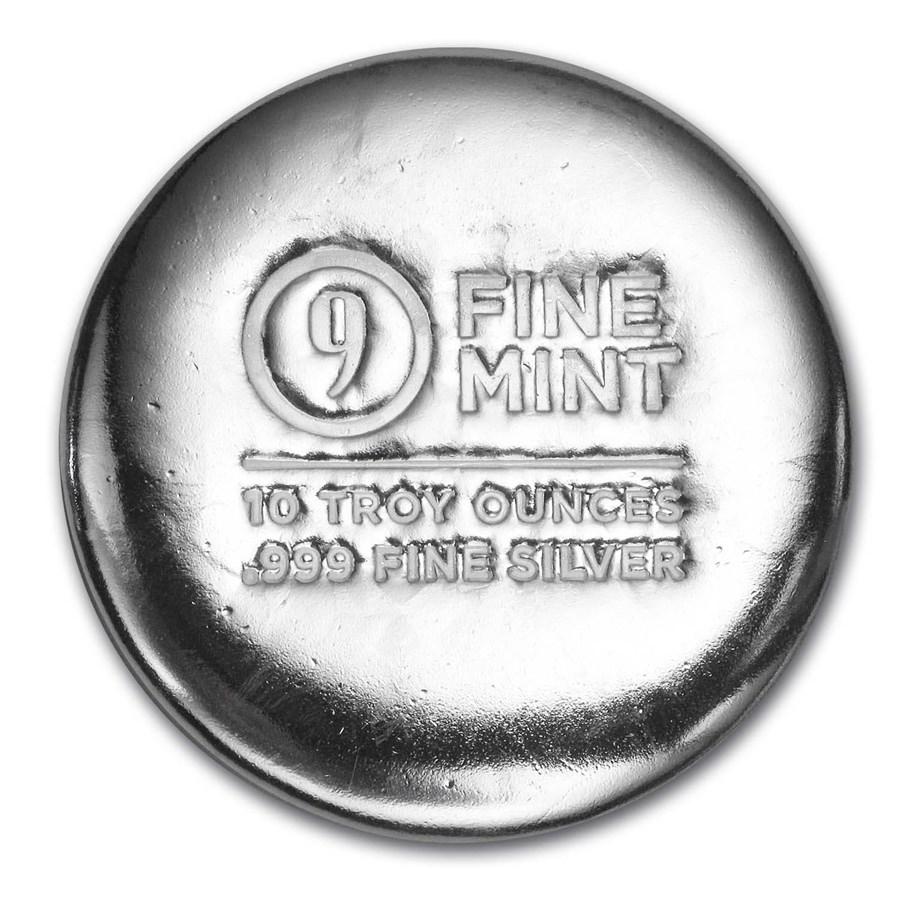 10 oz Cast-Poured Silver Round - 9Fine Mint: 10 oz Cast-Poured Silver Round - 9Fine Mint SKU: RBJ179113 Grade: None Grade Service: None Mint Mark: N/A - Not Available Metal Content: 10 troy oz Purity: .999 Thickness: 11.45 mm