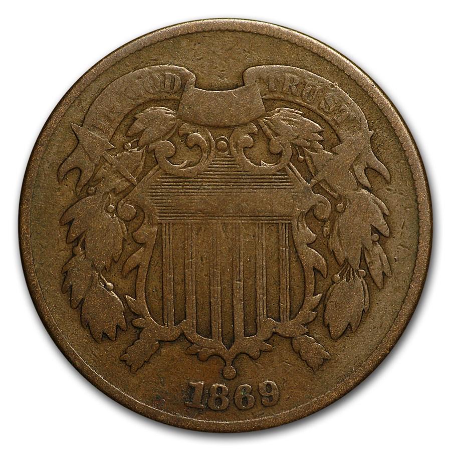 1869 Two Cent Piece VG: 1869 Two Cent Piece VG SKU: RBJ7985 Year: 1869 Grade: Very Good Grade Service: None Denomination: 2 Cents Mint Mark: P - Philadelphia (Not Shown) Metal Content: 0 troy oz Purity:
