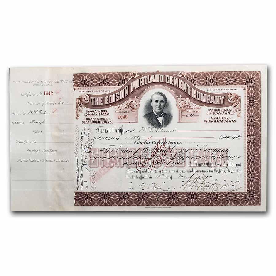 Edison Portland Cement Stock Certificate: Edison Portland Cement Stock Certificate SKU: RBJ50820 Year: N/A Grade: None Grade Service: None Denomination: N/A Mint Mark: N/A - Not Available Metal Content: 0 troy oz Purity: