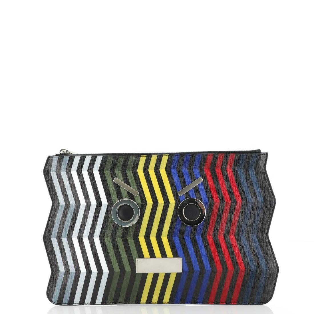 Fendi Faces Pouch Printed Leather Medium: Fendi Faces Pouch Printed Leather Medium Exterior Color: Black, Print, Multicolor Interior Color: Black Exterior Material: Leather Interior Material: Fabric Hardware Color: Silver Accessories: No
