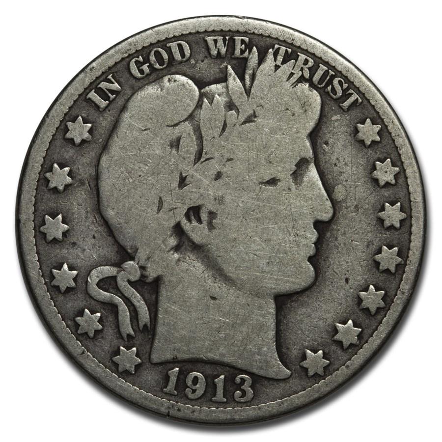 1913-D Barber Half Dollar Good: 1913-D Barber Half Dollar Good RBJ No: 13767 Year: 1913 Grade: Good Grade Service: None Denomination: $0.50 Mint Mark: D - Denver Metal Content: 0.3575 troy oz Purity: .900 <