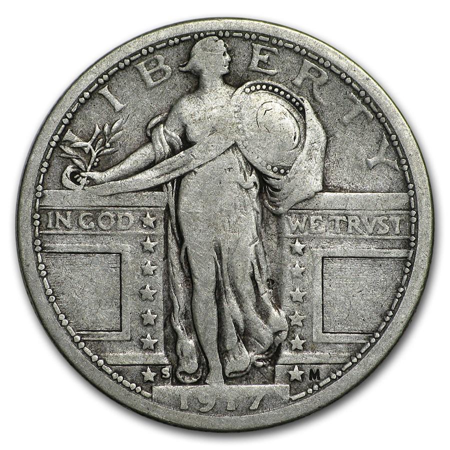 1917-S Standing Liberty Quarter Type-I VG: 1917-S Standing Liberty Quarter Type-I VG RBJ No: 11688 Year: 1917 Grade: Very Good Grade Service: None Denomination: $0.25 Mint Mark: S - San Francisco Metal Content: 0.1788 troy oz