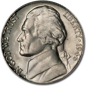 1946-D Jefferson Nickel BU: 1946-D Jefferson Nickel BU RBJ No: 6418 Year: 1946 Grade: Brilliant Unc Grade Service: None Denomination: 5 Cents Mint Mark: D - Denver Metal Content: 0 troy oz Purity: N/A <