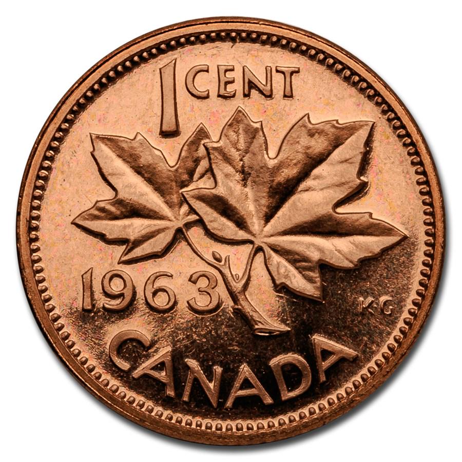 1963 Canada Copper Cent BU/Prooflike: 1963 Canada Copper Cent BU/Prooflike RBJ No: 218608 Year: 1963 Grade: BU &/or Proof Grade Service: None Denomination: $0.01 Mint Mark: RCM (Not Shown) Metal Content: 0 AVDP oz Pu
