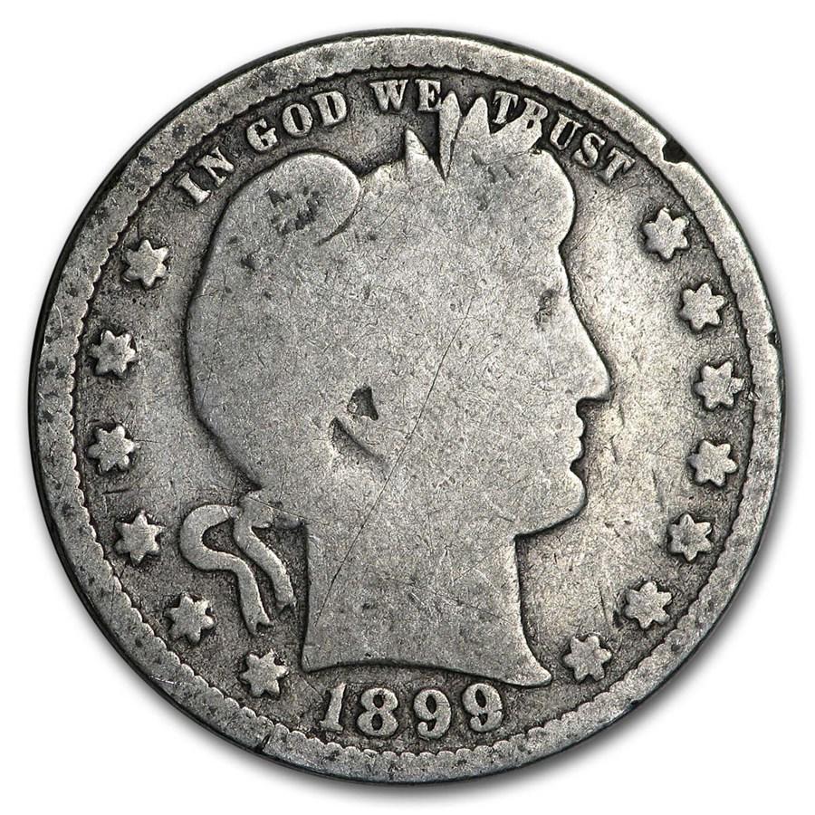 1899 Barber Quarter Good/VG: 1899 Barber Quarter Good/VG RBJ No: 13832 Year: 1899 Grade: Good/Very Good Grade Service: None Denomination: $0.25 Mint Mark: P - Philadelphia (Not Shown) Metal Content: 0.1788 troy oz