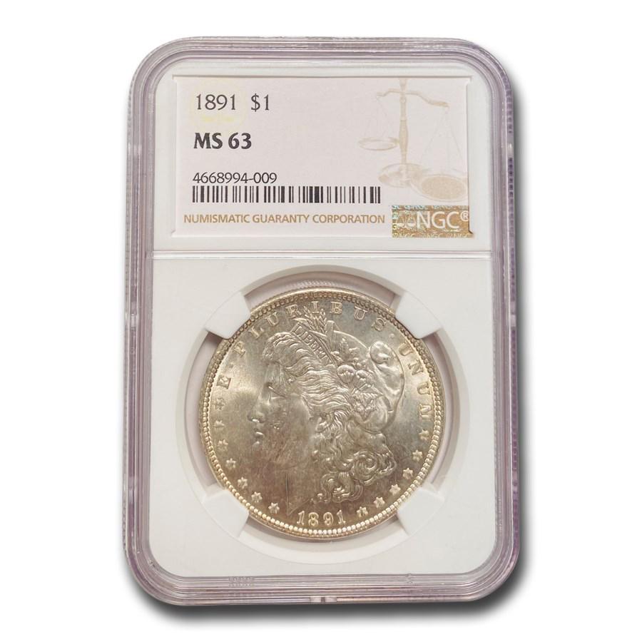 1891 Morgan Dollar MS-63 NGC: 1891 Morgan Dollar MS-63 NGC RBJ No: 15668 Year: 1891 Grade Service: NGC Denomination: $1.00 Metal Content: 0.7734 troy oz Purity: .900 Thickness: 3.1 mm Diameter: 38.1 mm