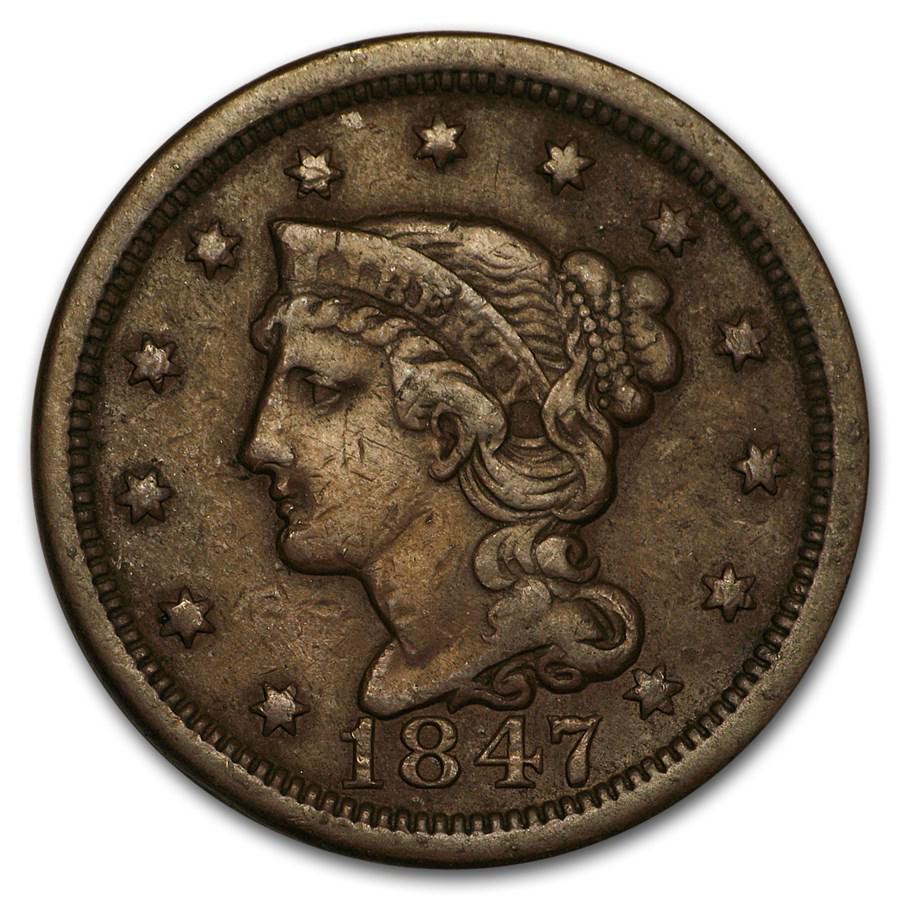1847 Large Cent VF: 1847 Large Cent VF SKU: RBJ3151 Year: 1847 Grade: Very Fine Grade Service: None Denomination: $0.01 Mint Mark: P - Philadelphia (Not Shown) Metal Content: 0 troy oz Purity: N/A <
