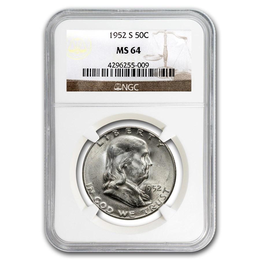 1952-S Franklin Half Dollar MS-64 NGC: 1952-S Franklin Half Dollar MS-64 NGC SKU: RBJ94780 Year: 1952 Grade Service: NGC Denomination: $0.50 Metal Content: 0.3617 troy oz Purity: .900 Thickness: 2.15 mm Diameter: 30.6