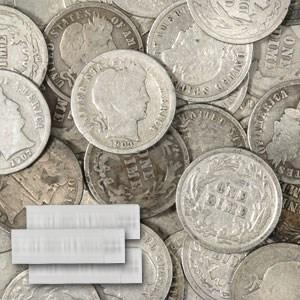 90% Silver Barber Dimes 50-Coin Roll Culls: 90% Silver Barber Dimes 50-Coin Roll Culls RBJ No: 25592 Year: Random Grade: Cull Grade Service: None Denomination: $0.10 Mint Mark: Varies Metal Content: 3.575 troy oz Purity: .