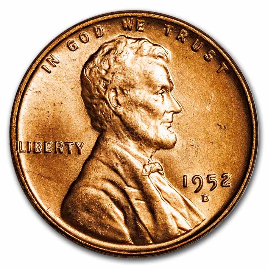1952-D Lincoln Cent BU (Red): 1952-D Lincoln Cent BU (Red) SKU: RBJ9854 Year: 1952 Grade: Brilliant Unc Grade Service: None Denomination: $0.01 Mint Mark: D - Denver Metal Content: 0 troy oz Purity: N/A <