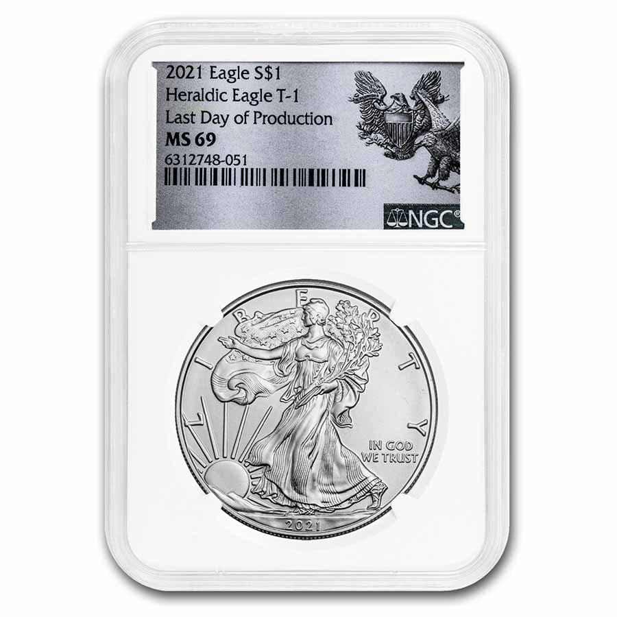 2021 American Silver Eagle (Type 1) MS-69 NGC: 2021 American Silver Eagle (Type 1) MS-69 NGC SKU: RBJ221618 Year: 2021 Grade: MS-69 Grade Service: NGC Denomination: 1 Dollar Mint Mark: W - West Point (Not Shown) Metal Content: 1 troy