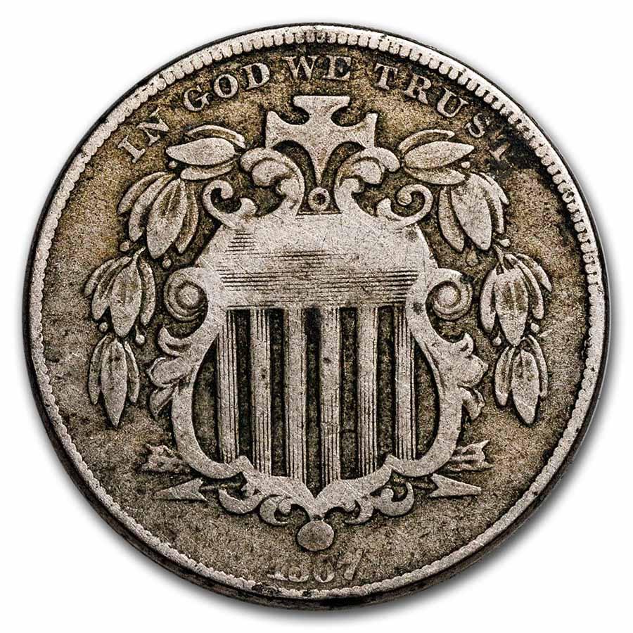 1867 Shield Nickel w/Rays Good: 1867 Shield Nickel w/Rays Good SKU: RBJ6292 Year: 1867 Grade: Good Grade Service: None Denomination: 5 Cents Mint Mark: P - Philadelphia (Not Shown) Metal Content: 0 troy oz Puri