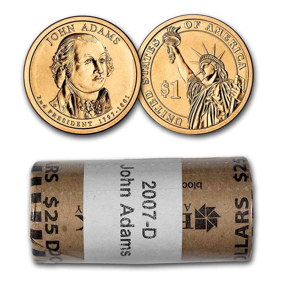 2007-D John Adams 25-Coin Presidential Dollar Roll: 2007-D John Adams 25-Coin Presidential Dollar Roll SKU: RBJ25575 Year: 2007 Grade: Brilliant Unc Grade Service: None Denomination: $1.00 Mint Mark: D - Denver Metal Content: 0 troy oz <br