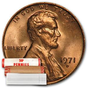 1971-D Lincoln Cent 50-Coin Roll BU: 1971-D Lincoln Cent 50-Coin Roll BU SKU: RBJ9323 Year: 1971 Grade: Brilliant Unc Grade Service: None Denomination: $0.01 Mint Mark: D - Denver Metal Content: 0 troy oz Purity: N/