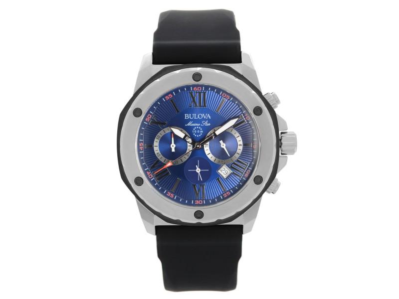 Bulova Marine Star Chronograph Steel Blue Dial Quartz Mens Watch: Bulova Marine Star Chronograph Steel Blue Dial Quartz Mens Watch Product Code: 154762032534-E Brand: Bulova Condition: Never Worn Model: 98B258 Item Specifics:Band Color: BlackBand Material: SiliconeB