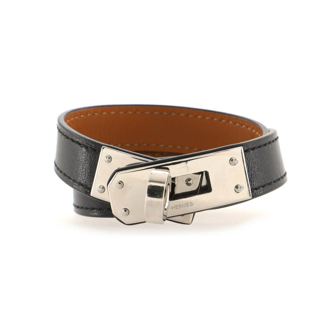 Hermes Kelly Double Tour Bracelet Leather: Hermes Kelly Double Tour Bracelet Leather Exterior Color: Black Collateral: Signed Box, Signed Pouch Material: Leather, Palladium RBJ no: BT.HM.KDBB.LE Item No: 111182/1 Brand
