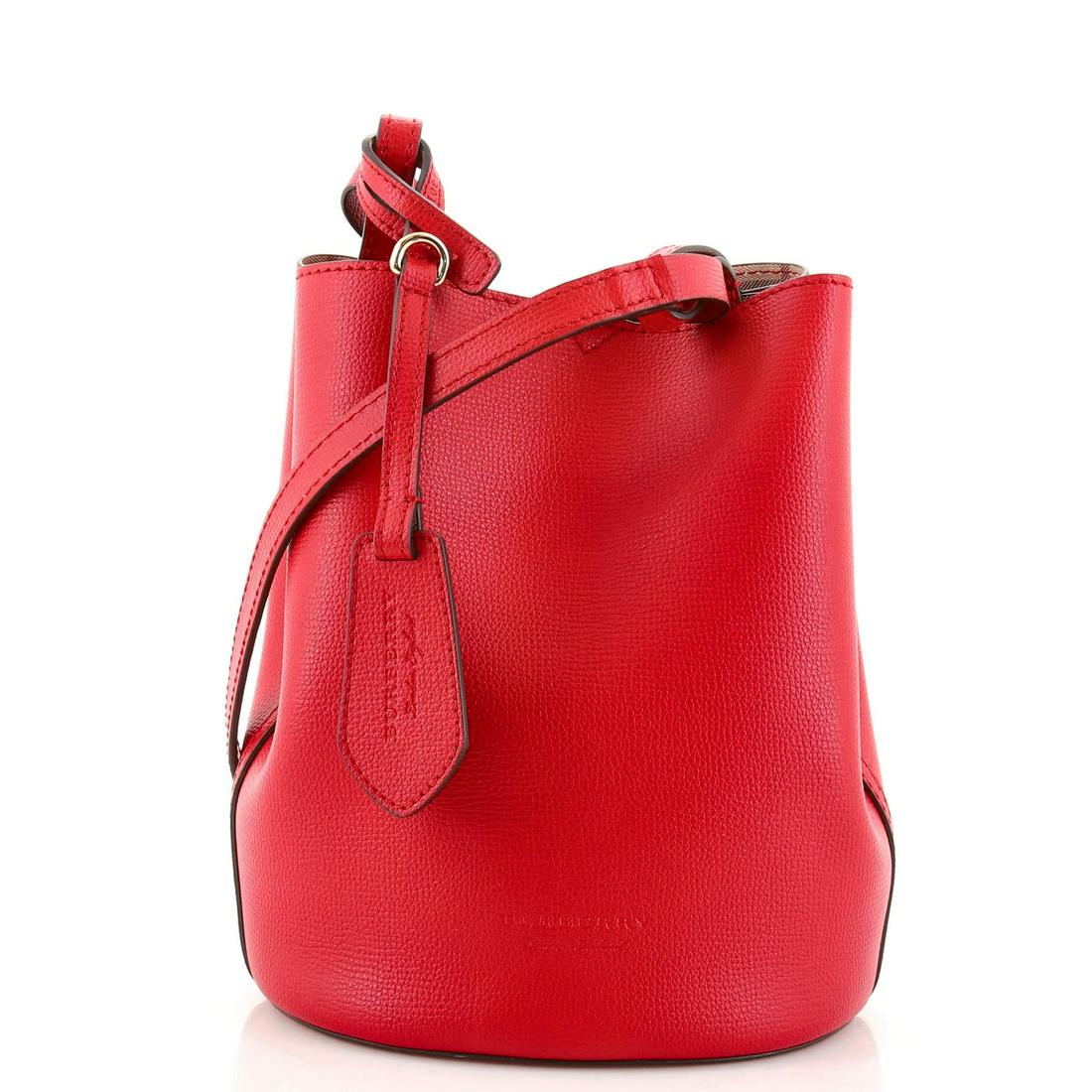 Burberry Lorne Bucket Bag Leather Small: Burberry Lorne Bucket Bag Leather Small Exterior Color: Red Interior Color: Brown Exterior Material: Leather Interior Material: Canvas Coated Hardware Color: Gold Accessories: Charms missing, Cloc
