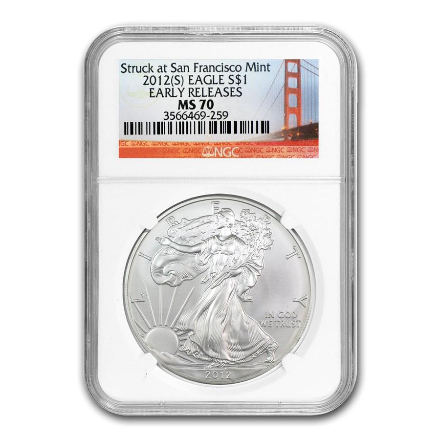 2012 (S) Silver Eagle MS-70 NGC (ER, Golden Gate Bridge): 2012 (S) Silver Eagle MS-70 NGC (ER, Golden Gate Bridge) Product ID: RBJ69017 Year: 2012 Grade Service: NGC Denomination: $1.00 Dollar Metal Content: 1 troy oz Purity: .999 Thickness: 2.9