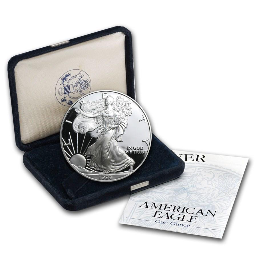 1998-P 1 oz Proof American Silver Eagle (w/Box & COA): 1998-P 1 oz Proof American Silver Eagle (w/Box & COA) Product ID: RBJ1063 Year: 1998 Grade: Proof Grade Service: None Denomination: $1.00 Mint Mark: P - Philadelphia Metal Content: 1 troy