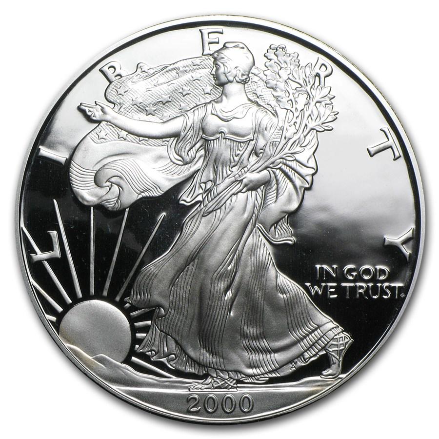 2000-P 1 oz Proof American Silver Eagle (w/Box & COA): 2000-P 1 oz Proof American Silver Eagle (w/Box & COA) Product ID: RBJ1059 Year: 2000 Grade: Proof Grade Service: None Denomination: $1.00 Mint Mark: P - Philadelphia Metal Content: 1 troy