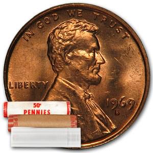 1969-D Lincoln Cent 50-Coin Roll BU: 1969-D Lincoln Cent 50-Coin Roll BU Product ID: RBJ9321 Year: 1969 Grade: Brilliant Unc Grade Service: None Denomination: 1 Cent Mint Mark: D - Denver Metal Content: 0 troy oz Pu
