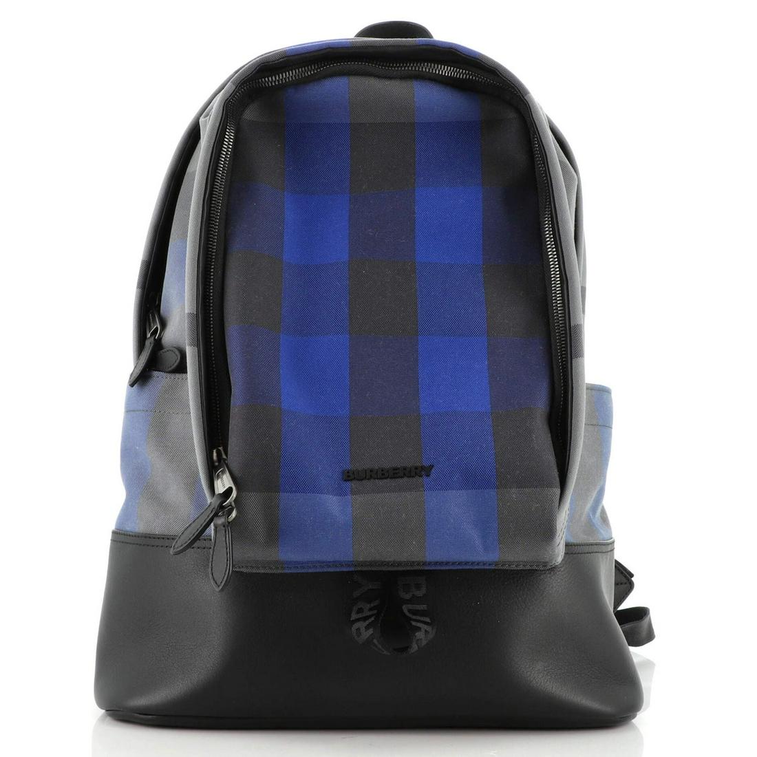 Burberry Front Pocket Backpack Check Canvas Large: Burberry Front Pocket Backpack Check Canvas Large Exterior Color: Blue Interior Color: Black Exterior Material: Canvas Plain Interior Material: Nylon Hardware Color: Gun Metal Accessories: Dust ba