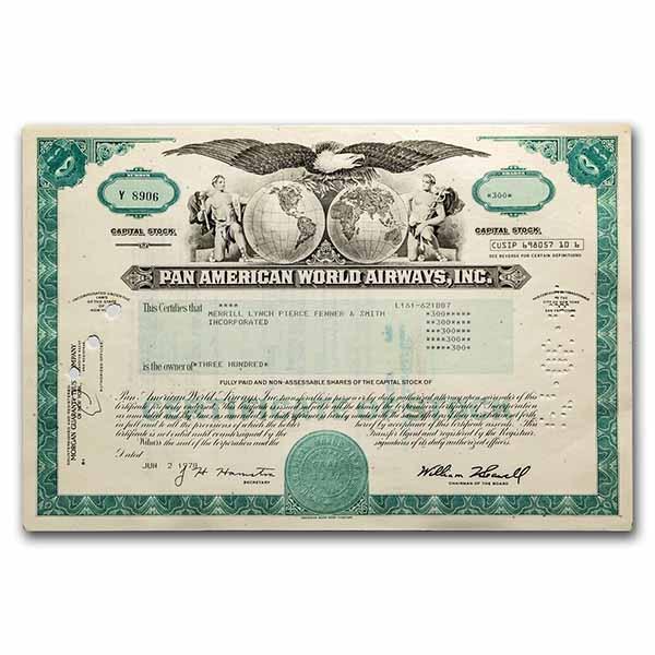 Pan American World Airways, Inc. Stock Certificate (Aqua): Pan American World Airways, Inc. Stock Certificate (Aqua) Product ID: RBJ238561 Year: 1950-1970s Grade: None Grade Service: None Mint Mark: N/A - Not Available Metal Content: 0 troy oz Pu