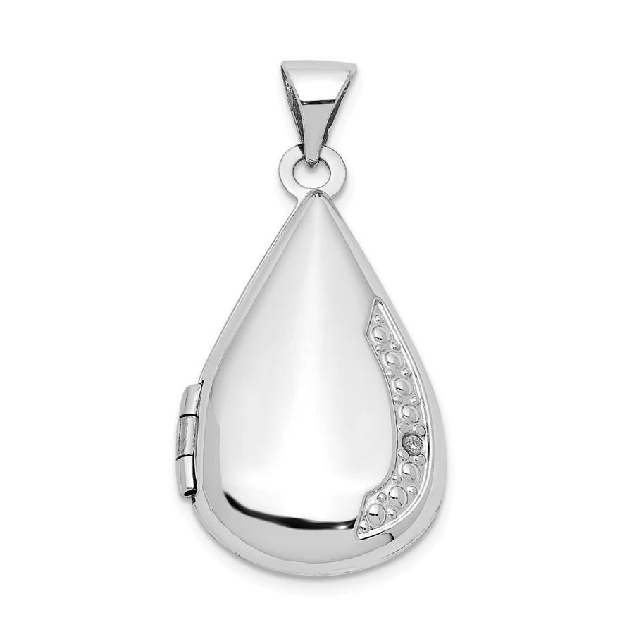14k White Gold Tear Drop Diamond Set Locket - 30 mm: 14k White Gold Tear Drop Diamond Set Locket - 30 mm Product ID: RBJ202438 Metal: Gold Purity: 14K Metal Weight: 0.95 GM Carat Weight: 0.01 Length Of Item: 30 mm Stone Type: Diamond