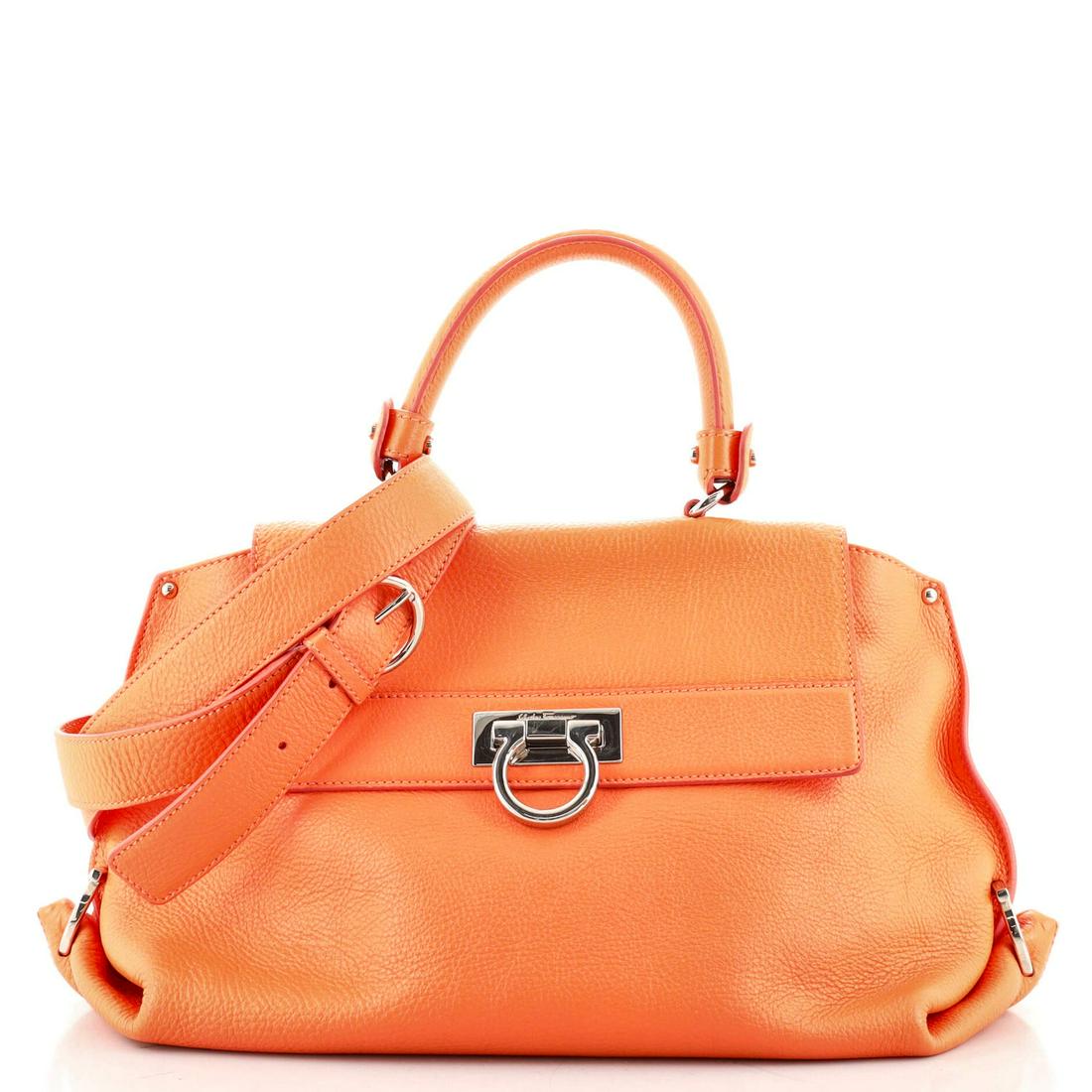 Salvatore Ferragamo Sofia Satchel Smooth Leather Medium: Salvatore Ferragamo Sofia Satchel Smooth Leather Medium Exterior Color: Orange Interior Color: Neutral Exterior Material: Smooth Leather Interior Material: Fabric Hardware Color: Silver Accessorie