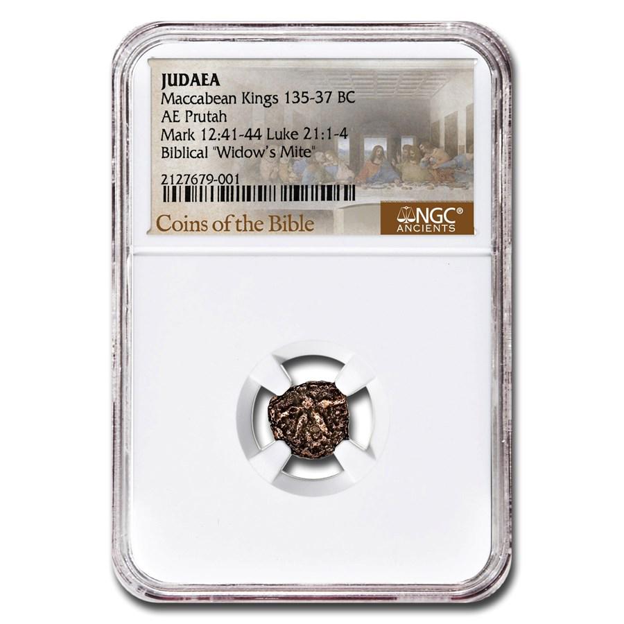Judaea AE Prutah Maccabean Kings Widow's Mite (135-37 BC) NGC: Judaea AE Prutah Maccabean Kings Widow's Mite (135-37 BC) NGC Product ID: RBJ198887 Year: 135-37 BC Grade Service: None Denomination: Prutah Metal Content: 0 troy oz Purity: N/A Thickness