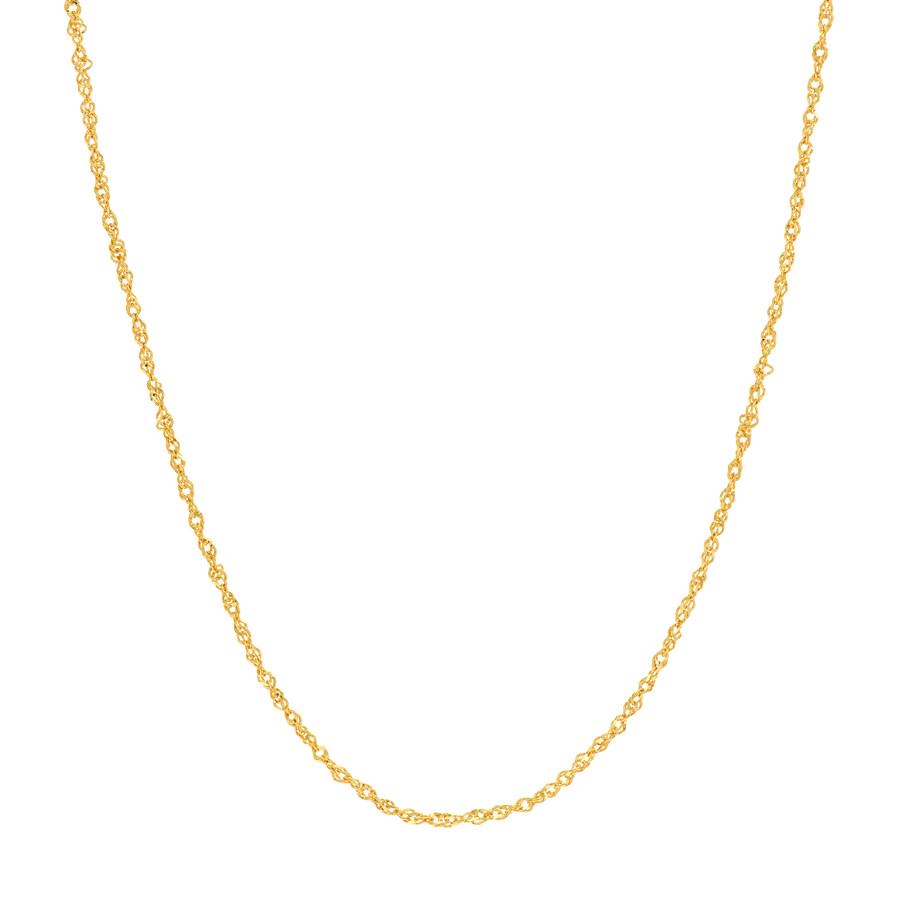 14K Yellow Gold 0.9 mm Singapore Chain - 18 in.: 14K Yellow Gold 0.9 mm Singapore Chain - 18 in. Product ID: RBJ239837 Metal: Gold Purity: 14K Finish: Polished Length Of Item: 18in Chain Type: Singapore Chain Width: 0.9mm Clasp