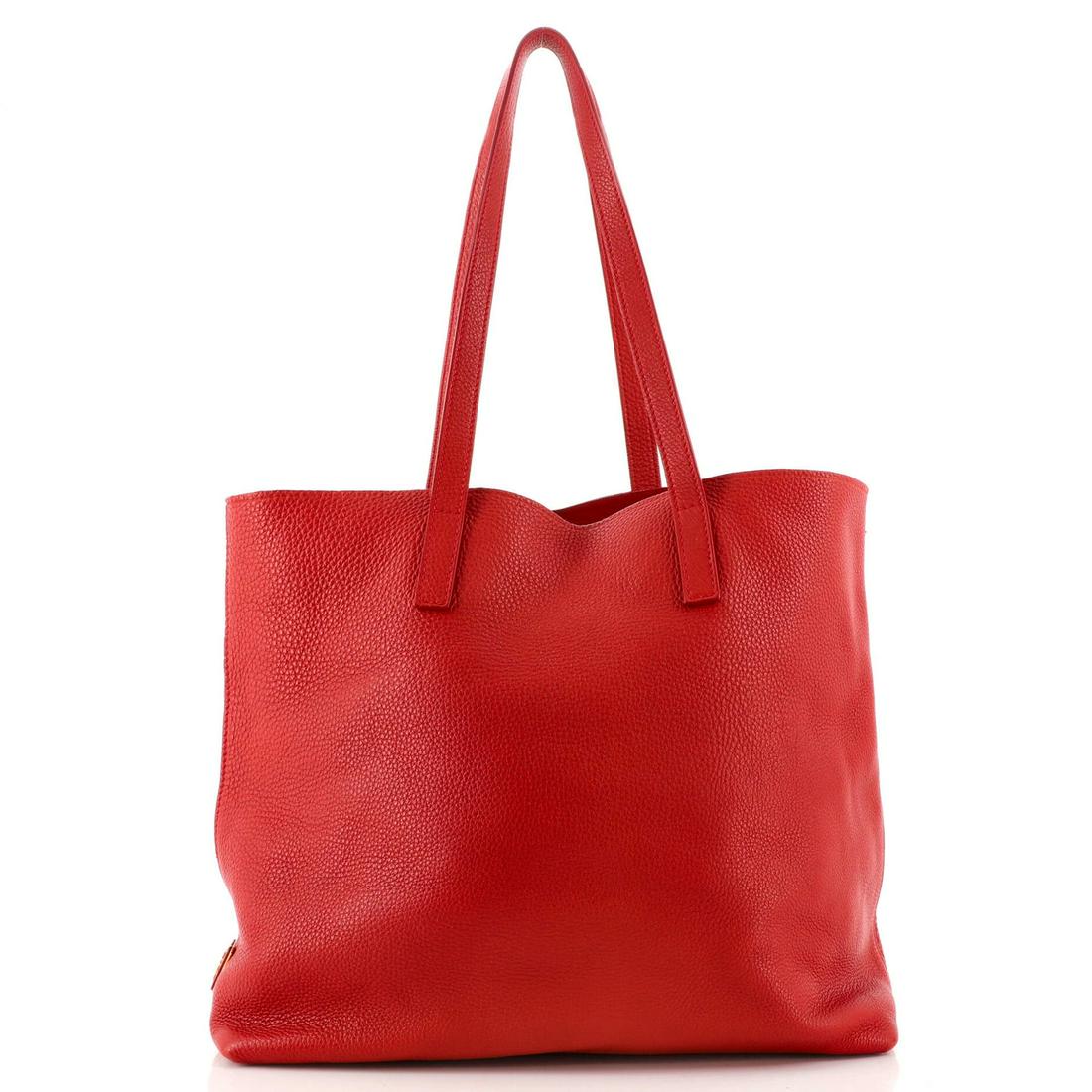 Prada Open Tote Vitello Daino Medium: Prada Open Tote Vitello Daino Medium Exterior Color: Red Interior Color: Red Exterior Material: Leather Interior Material: Raw Leather Hardware Color: Gold Accessories: Luggage Tag missing