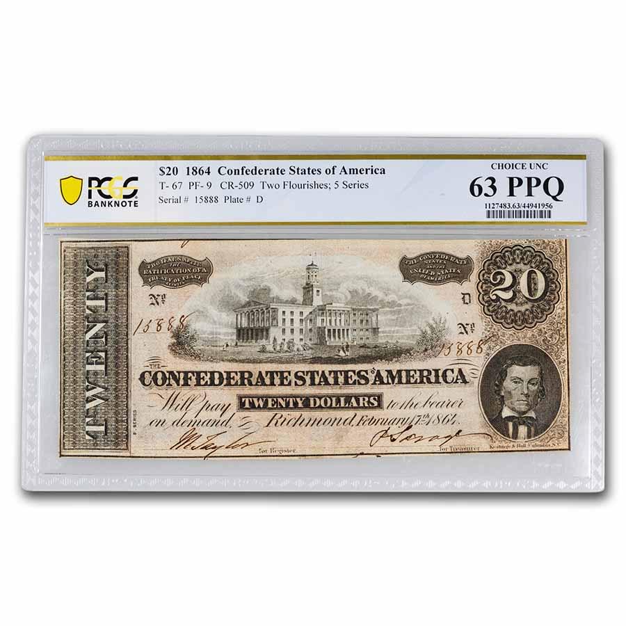 1864 $20 (T-67) Capitol @ Nashville, TN CU-63 PPQ PCGS: 1864 $20 (T-67) Capitol @ Nashville, TN CU-63 PPQ PCGS Product ID: RBJ257115 Year: 1864 Grade: (PCGS) Choice New - 63 Grade Service: PCGS Denomination: 20 Dollars Mint Mark: N/A - Not Available
