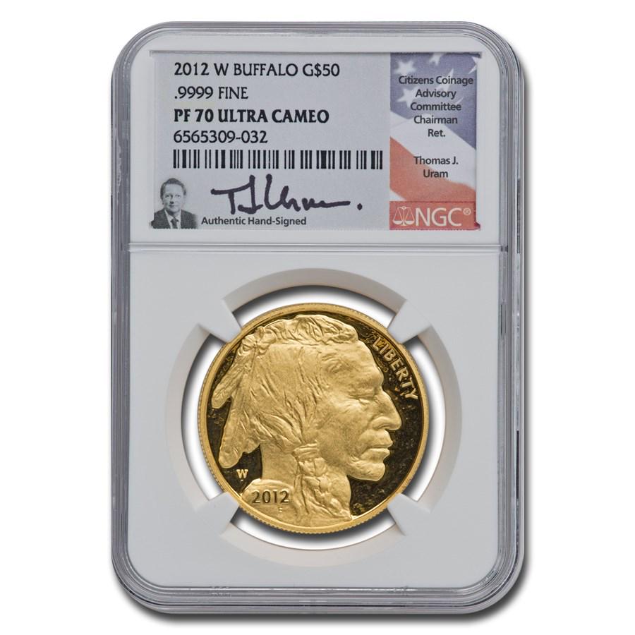 2012-W 1 oz Proof Gold Buffalo PF-70 NGC (Thomas J. Uram): 2012-W 1 oz Proof Gold Buffalo PF-70 NGC (Thomas J. Uram) Product ID: RBJ256758 Year: 2012 Grade Service: NGC Denomination: 50 Dollars Metal Content: 1 troy oz Purity: .9999 Thickness: 2.