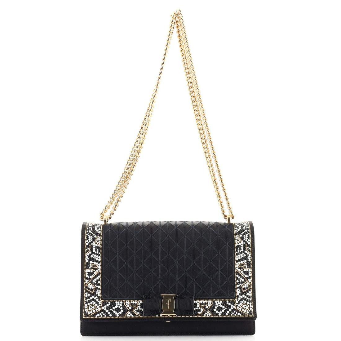 Salvatore Ferragamo Vara Bow Crossbody Bag Beaded Satin Medium: Salvatore Ferragamo Vara Bow Crossbody Bag Beaded Satin Medium Exterior Color: Black Interior Color: Black Exterior Material: Beaded, Satin Interior Material: Satin Hardware Color: Gold Accessorie